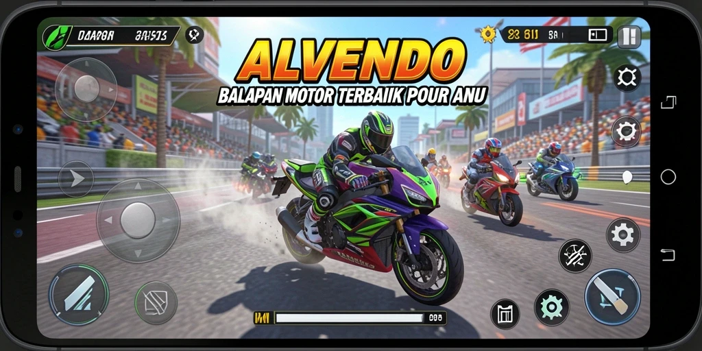 Screenshot ALVENDO menunjukkan aksi balapan motor yang mendebarkan dan visual yang menakjubkan.