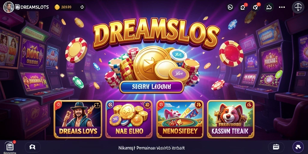 Screenshot gameplay <strong>DREAMSLOTS</strong> menampilkan mesin slot yang menarik dan beragam fitur bonus.