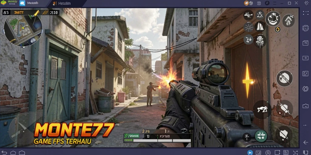 Tangkapan layar gameplay MONTE77 dengan aksi tembak-menembak yang intens.