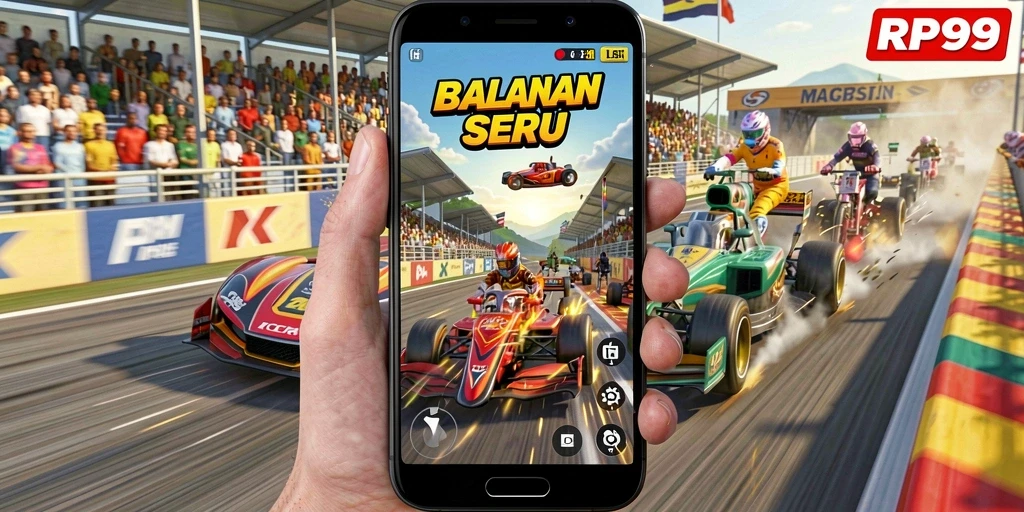 Tampilan gameplay seru di RP99 dengan mobil balap cepat.