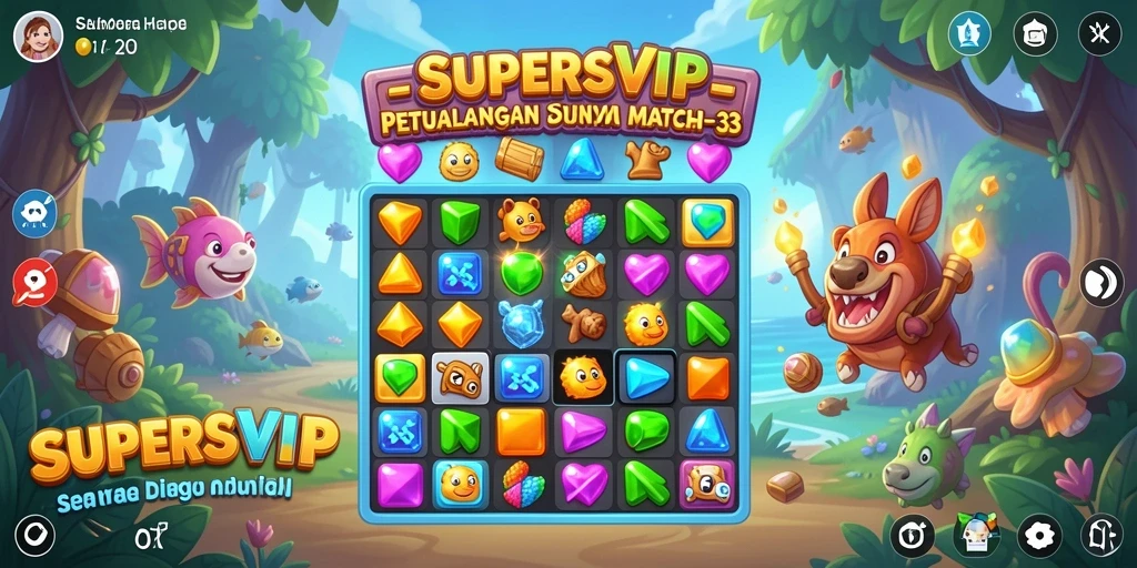 Tampilan gameplay seru dari SUPERSVIP yang menampilkan level Match-3 menarik.