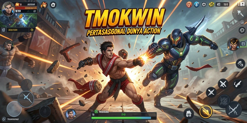 Screenshot TMOKWIN menampilkan pertarungan aksi yang mendebarkan dan karakter unik.